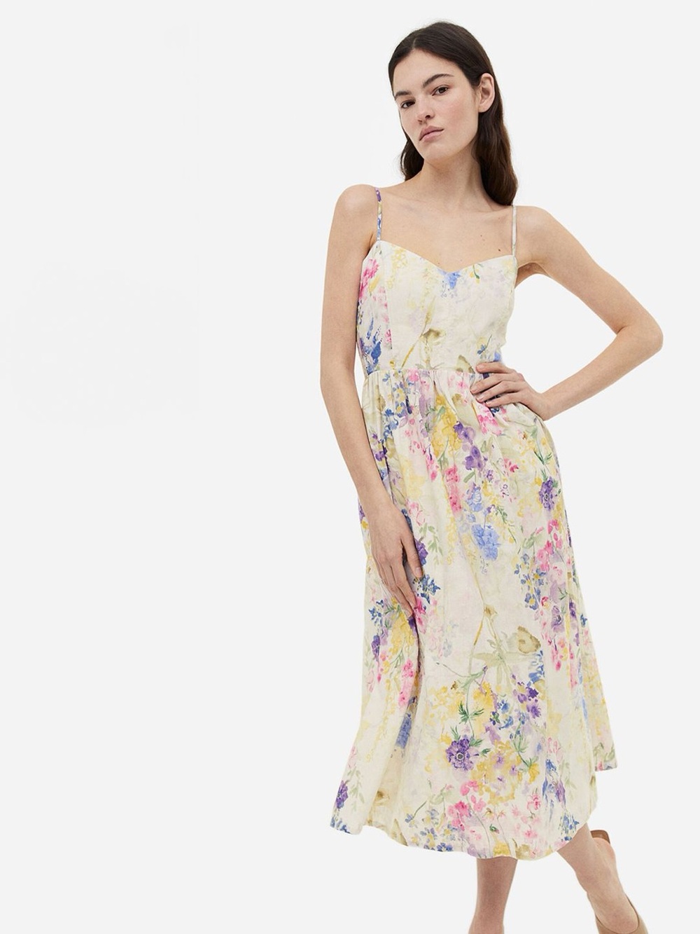 H&M Cream Floral Spaghetti-Strap Midi Dress